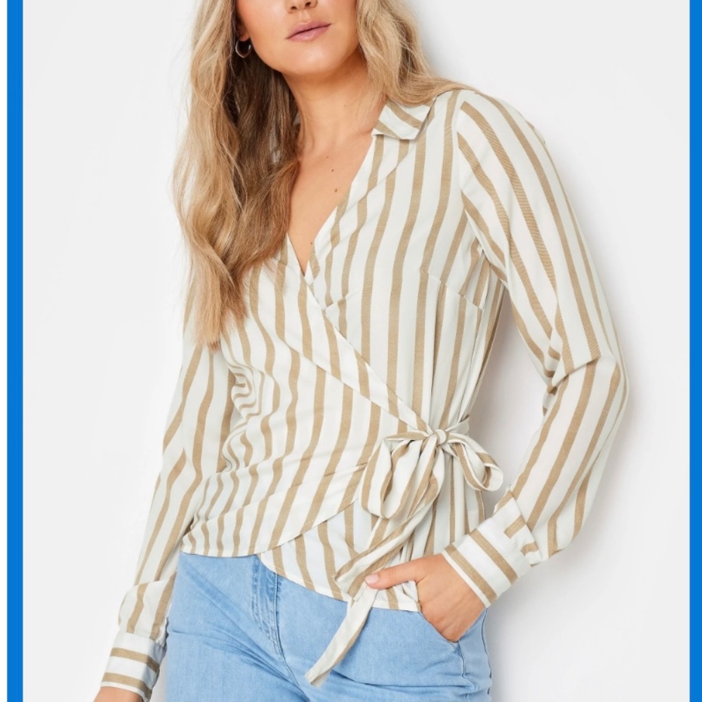 Long Tall Sally tall white with tan stripes collared Wrap Top